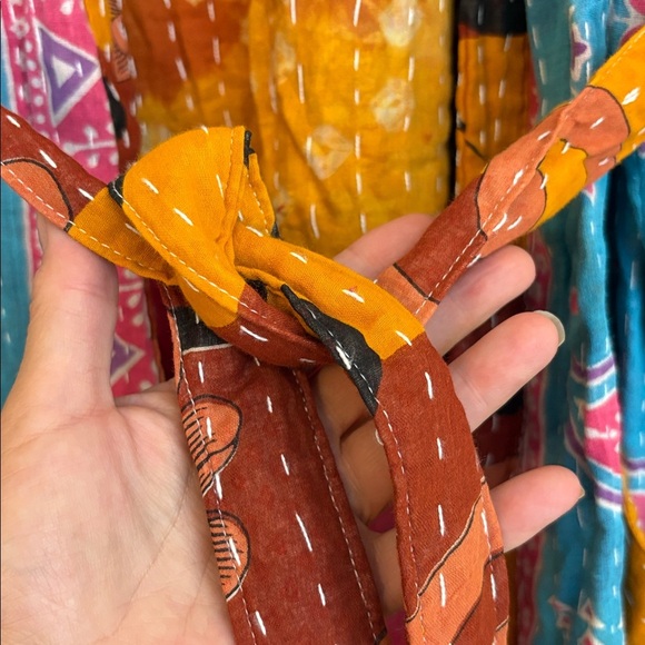 Handmade India Kantha Stitch Cotton Floral Contrast Tie Pockets Duster Cardigan - Picture 15 of 17